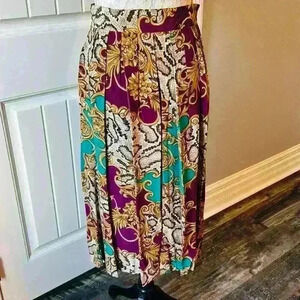 Vintage 80s Classy Bright Color Pattern 100% Silk Pleated Skirt 4P